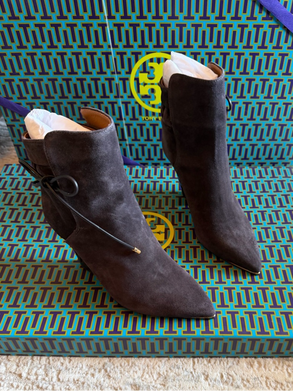 Tory Burch Lila Dark Gray Suede Ankle Bootie